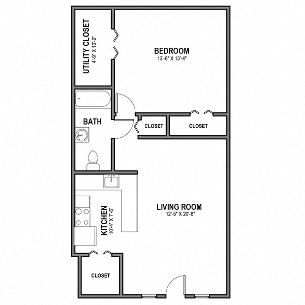 Floor plan for 1 bed, 1 bath, 722 sqft